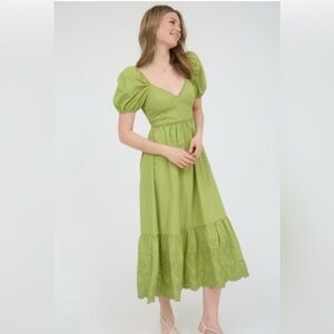 NWOT August Sky Elegant Green Puff Sleeve Dress Sz Lg length 52” pit2pit flat 18